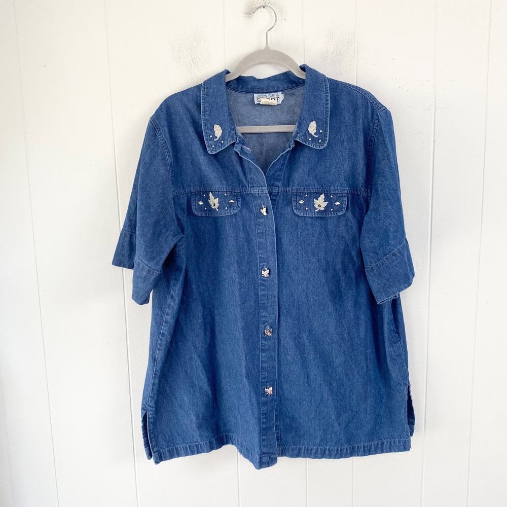Jaclyn Smith Sport Denim Shirt XL Blue Short Sleeve Leaf Embroidered Button Down